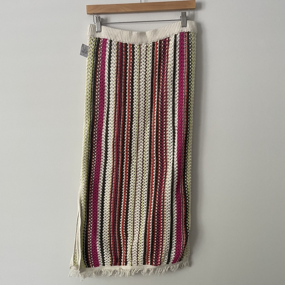 NWT Cotton Crochet Open Knit Midi Skirt Sz M Fringe Slit Festival Beach Cover Up - Picture 2 of 9